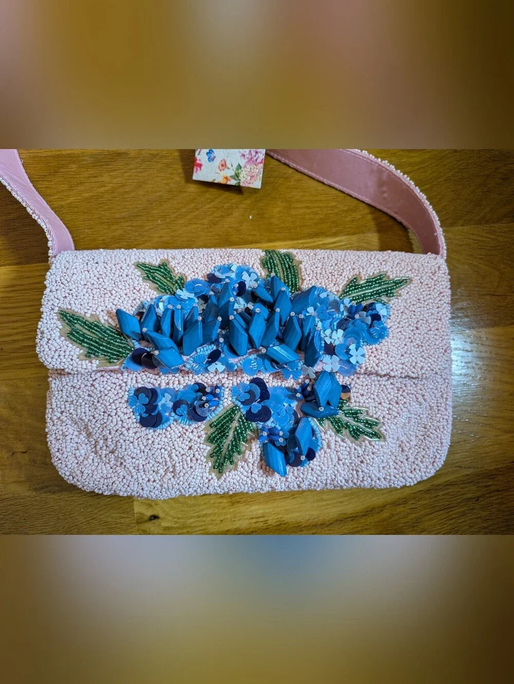 Viral Made In India Beaded Pink Bag with Blue Floral Embellishment